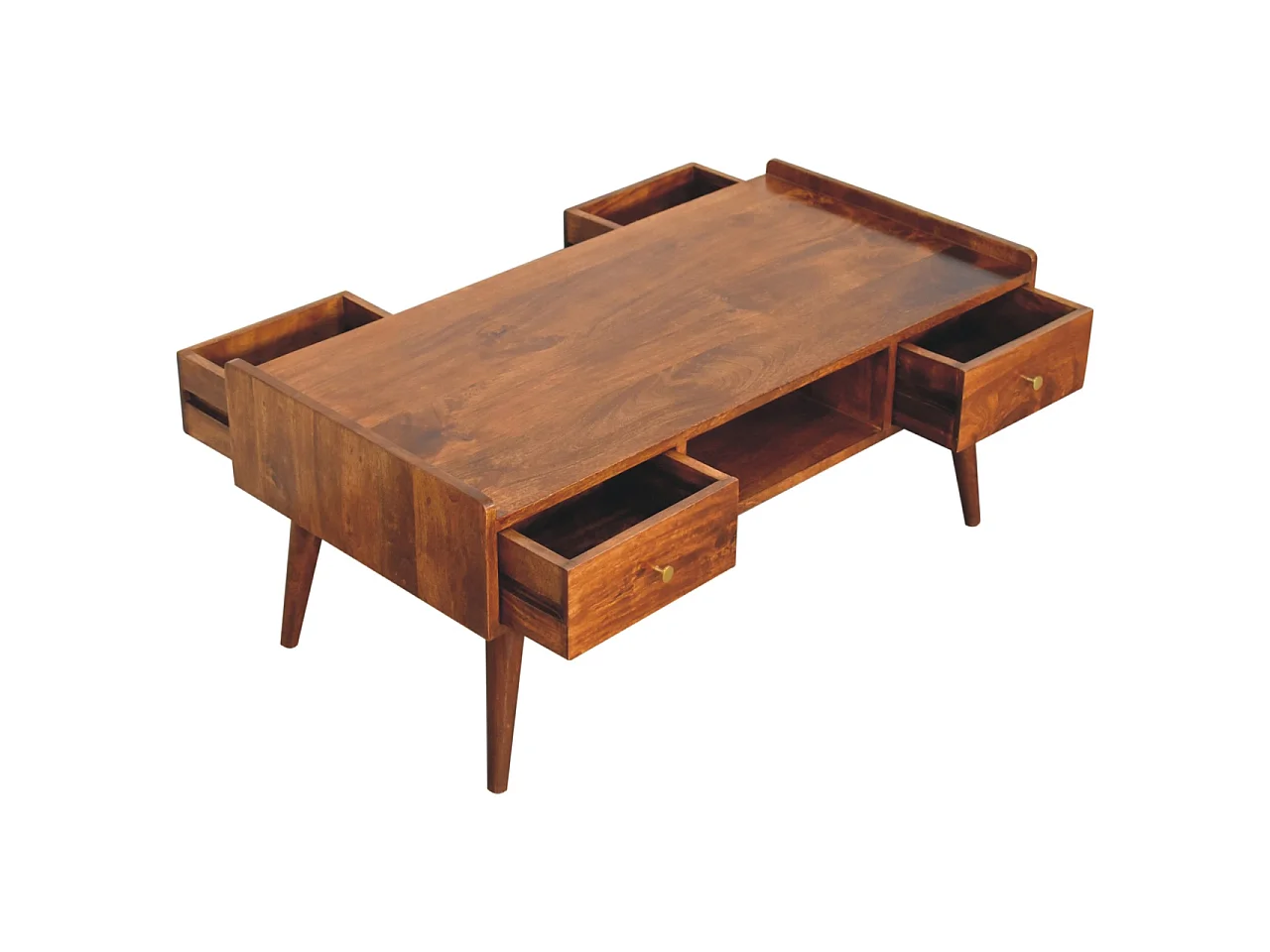 Stolik kawowy firmy Artisan Furniture z podniesionymi nogami, wykończeniem w kolorze kasztanowym, 2 szufladami i 1 półką.