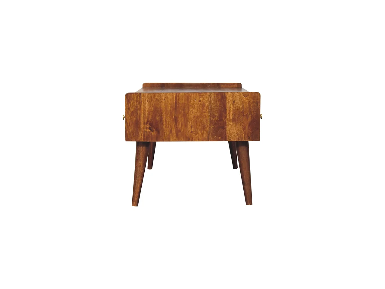 Stolik kawowy firmy Artisan Furniture z podniesionymi nogami, wykończeniem w kolorze kasztanowym, 2 szufladami i 1 półką.