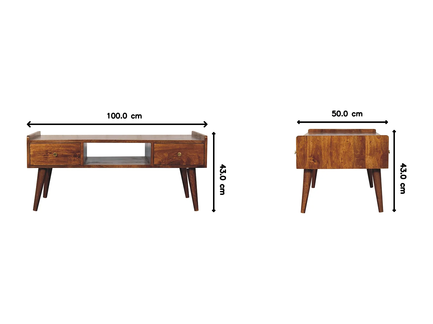 Artisan Furniture Massivholz Erhöhtes Medienmöbel aus Kastanienholz, 4 Schubladen und Offenes Fach, Dunkelbraun