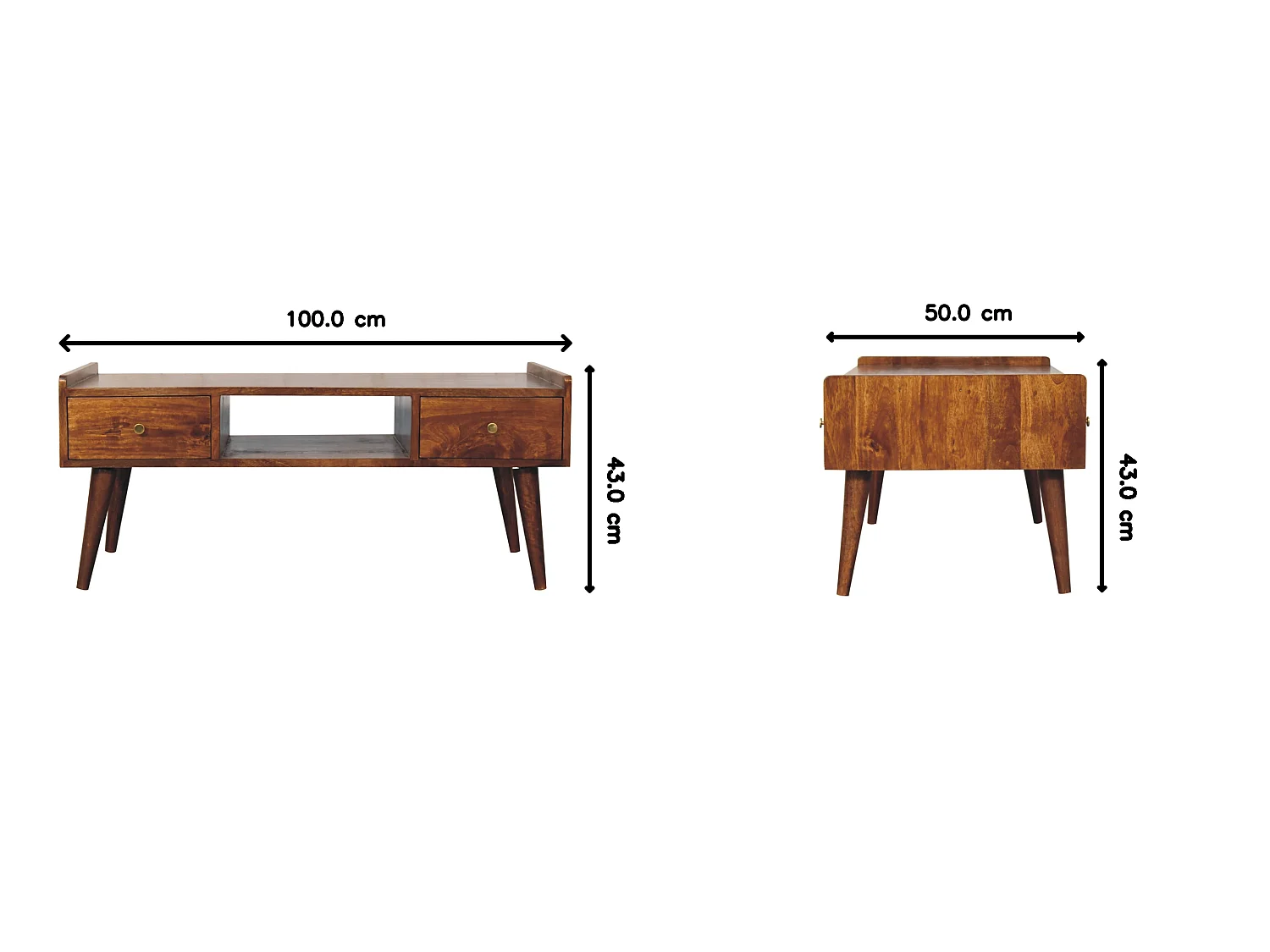 Stolik kawowy firmy Artisan Furniture z podniesionymi nogami, wykończeniem w kolorze kasztanowym, 2 szufladami i 1 półką.