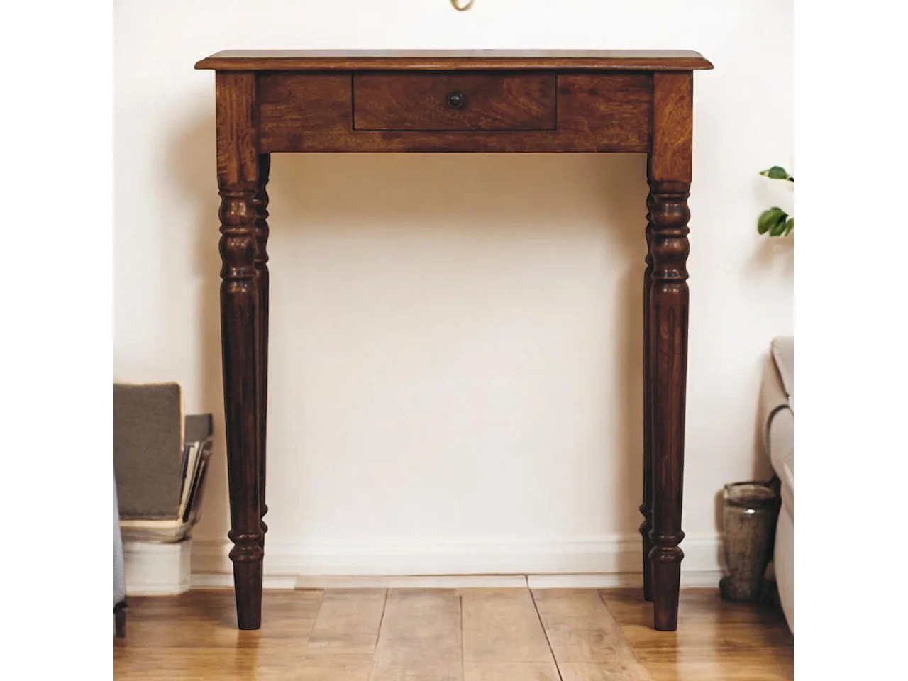 Artisan Furniture konsollbord i heltre kastanje med dreide ben, 1 skuff, mørkebrun