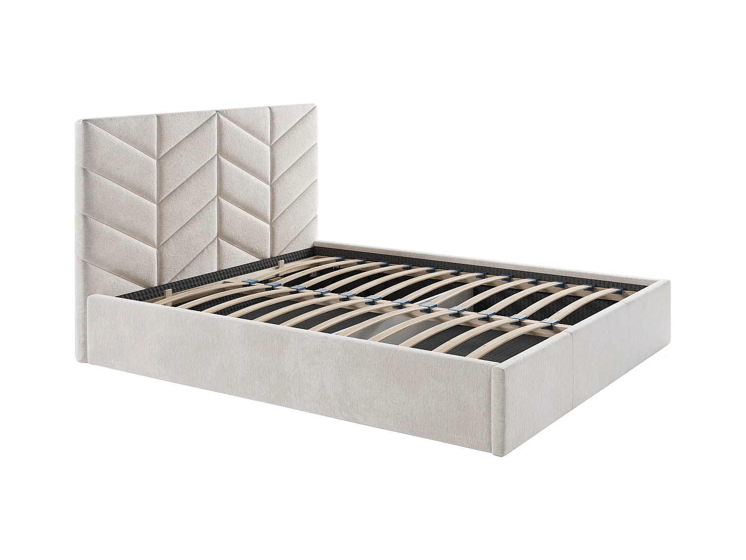 Lit coffre 200 x 200 cm - Tissu texturé - Crème + Matelas  - JUSTANI