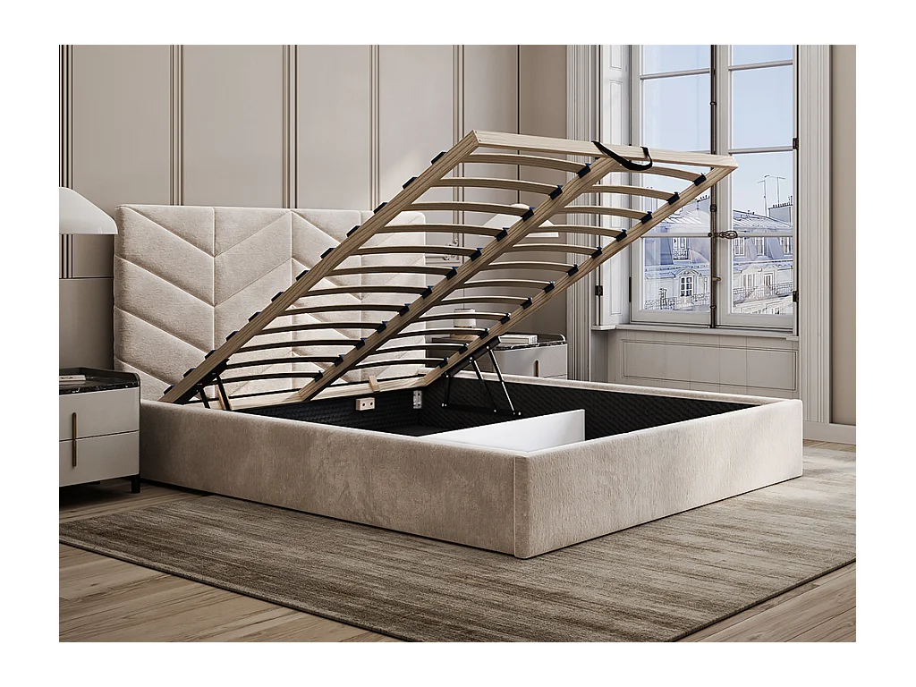 Lit coffre 200 x 200 cm - Tissu texturé - Crème + Matelas  - JUSTANI