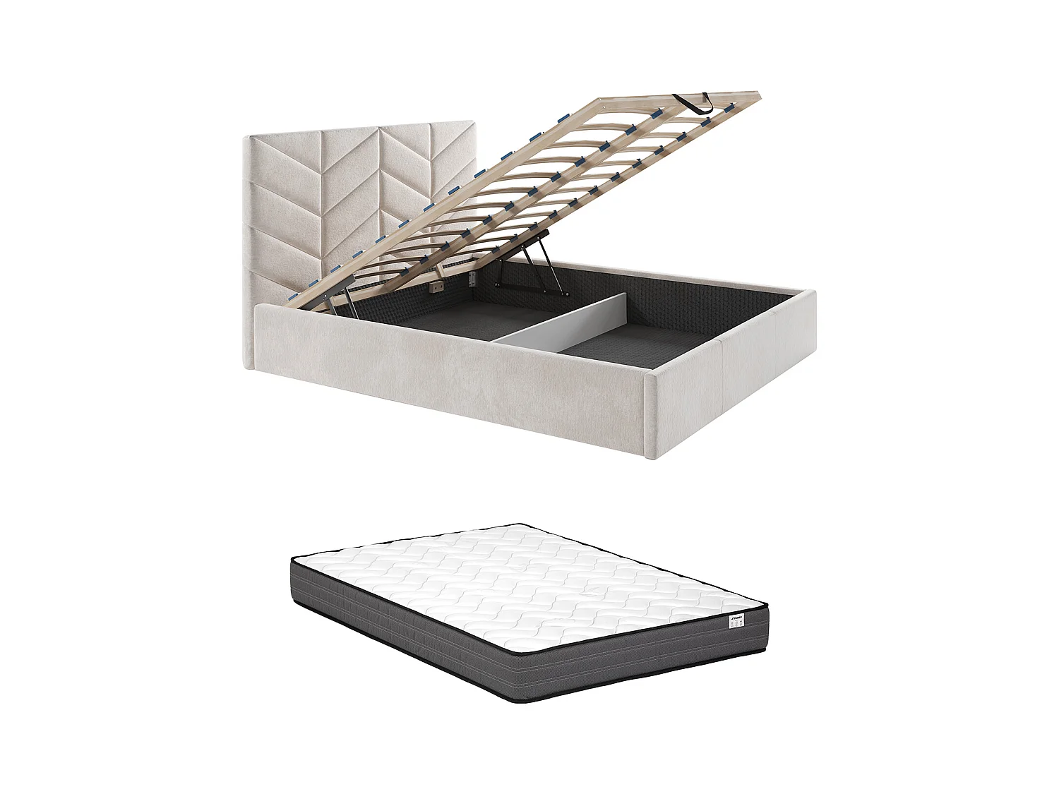 Lit coffre 200 x 200 cm - Tissu texturé - Crème + Matelas  - JUSTANI