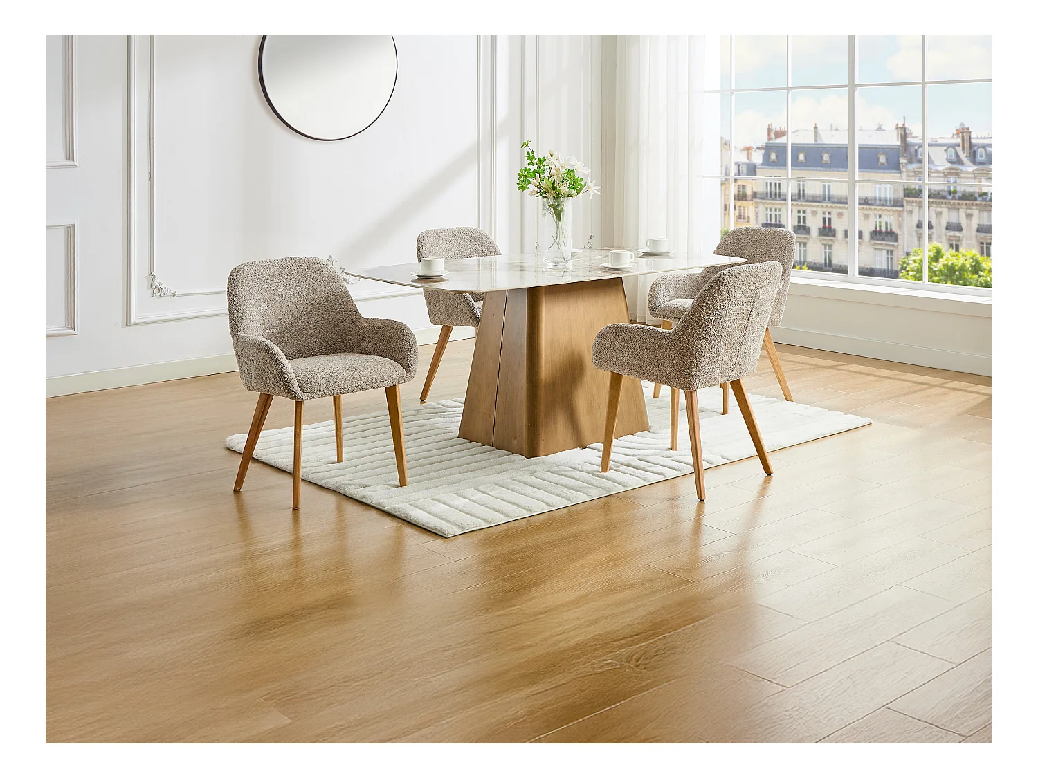 Sett med 6 stoler med armlener i bouclé-stoff og gummitre - Taupe og lys naturlig - VALENYO