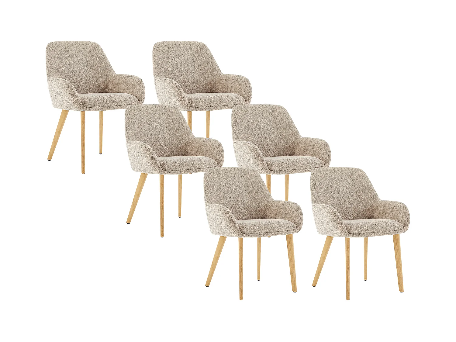 Sett med 6 stoler med armlener i bouclé-stoff og gummitre - Taupe og lys naturlig - VALENYO