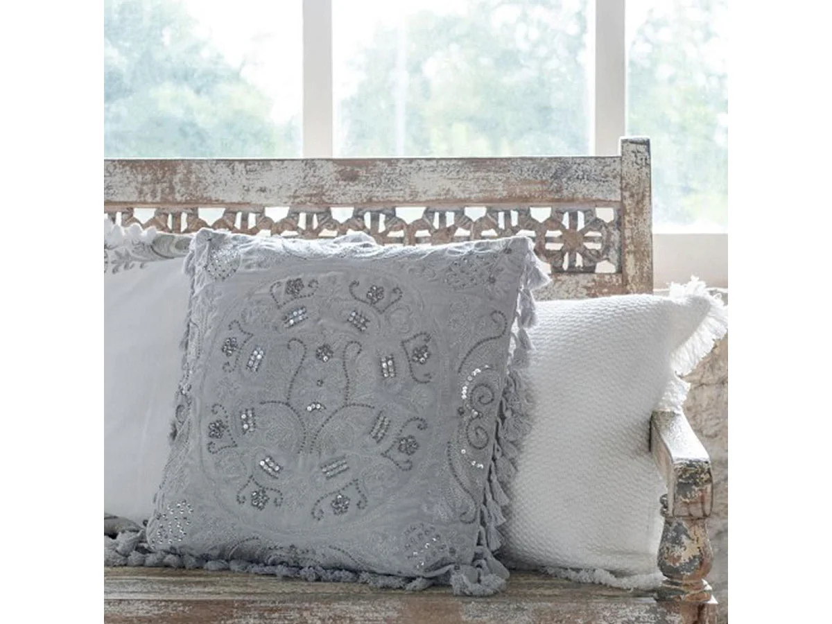 Coussin Velours à Pompons "Marocain" 45x45cm Gris