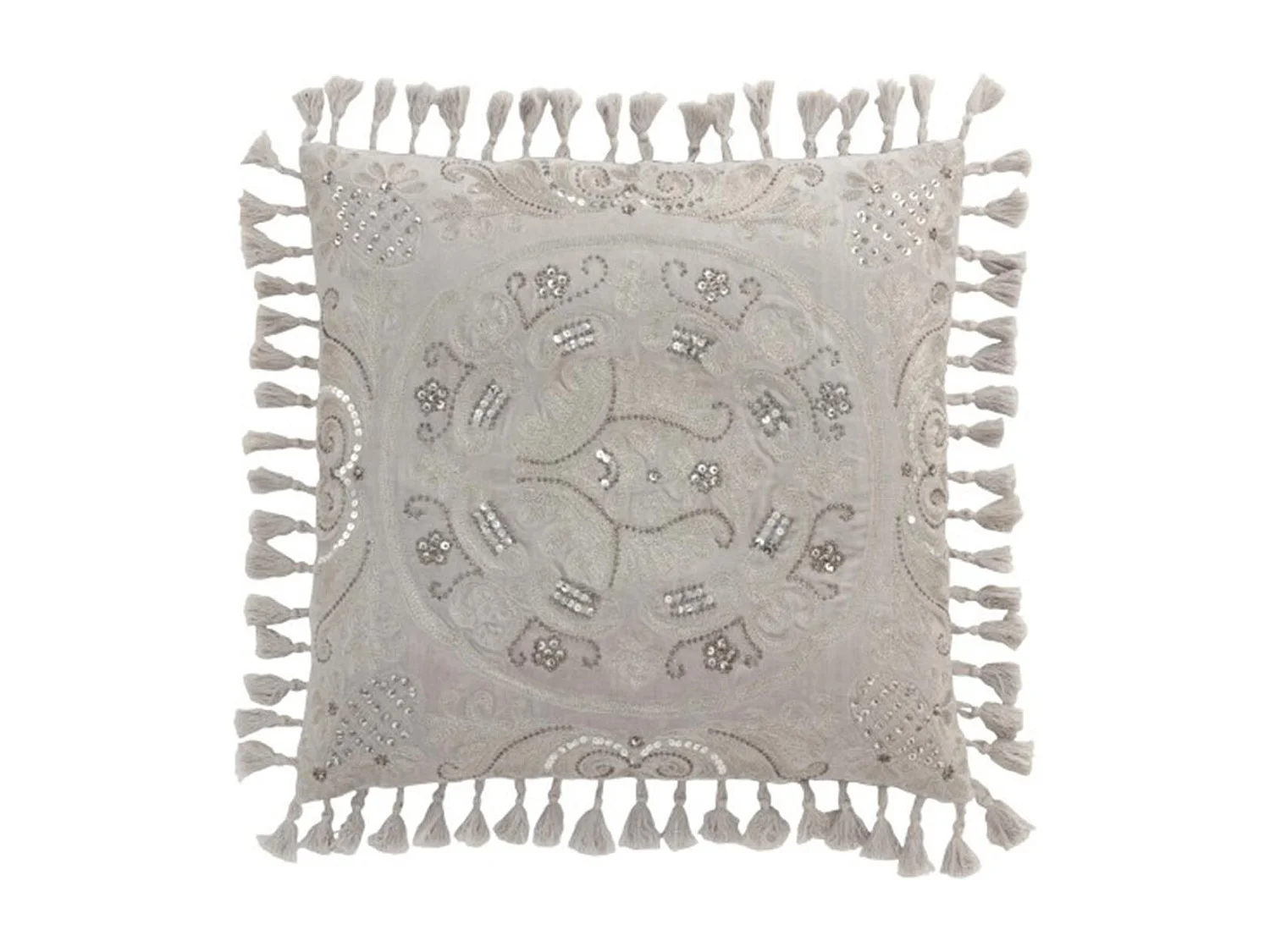 Cuscino quadrato stile marocchino con frange in velluto grigio 45x45cm