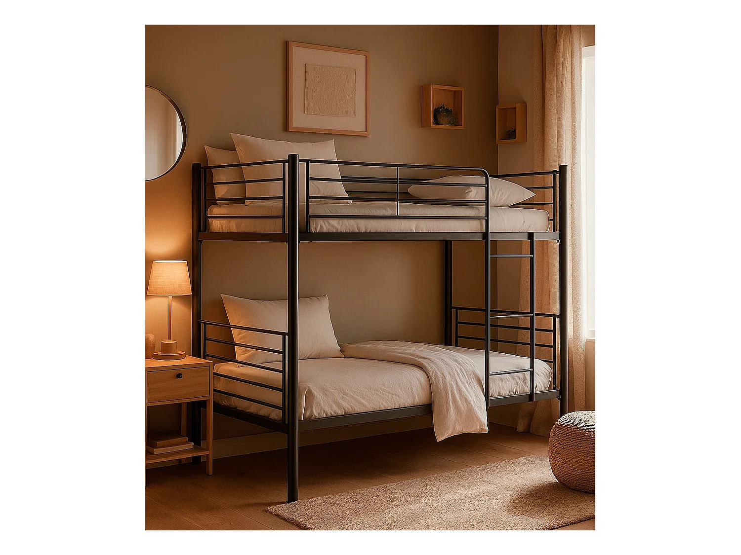 Litera metálica de 161x97x200 cm con escalera frontal y baranda de seguridad en negro Finy