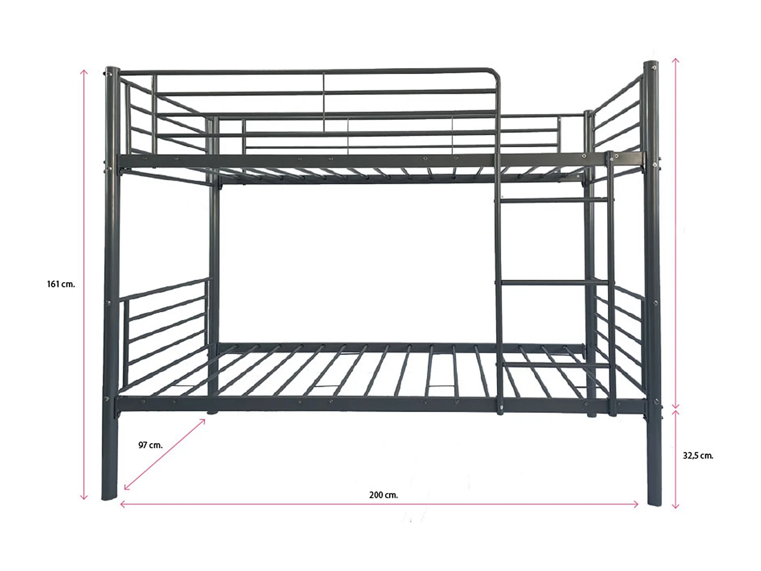 Litera metálica de 161x97x200 cm con escalera frontal y baranda de seguridad en negro Finy