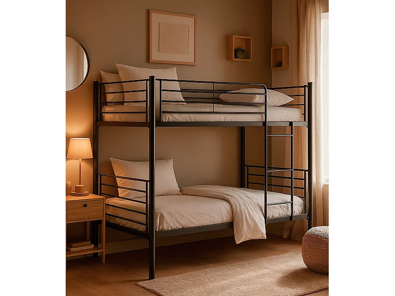 Litera metálica de 161x97x200 cm con escalera frontal y baranda de seguridad en negro Finy