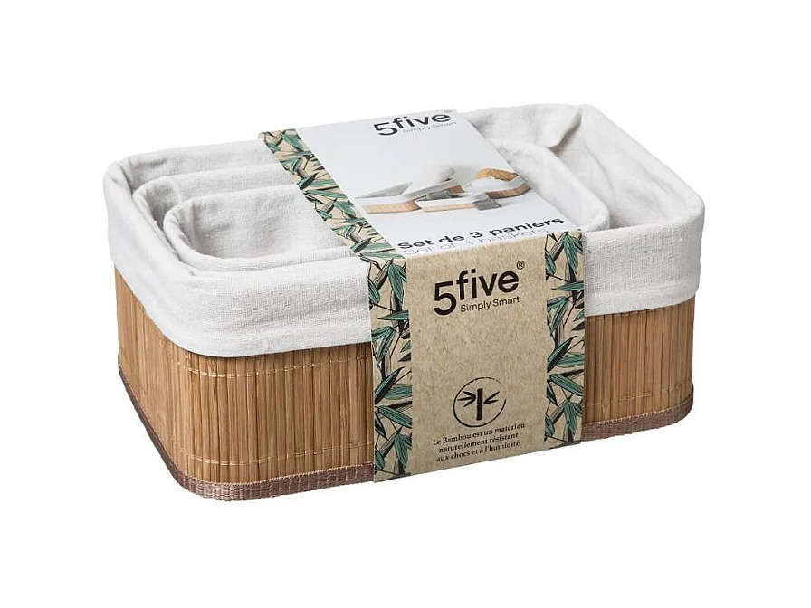 Set von 3 Körben aus Bambus und Stoff 30 x 20,5 x 12 cm