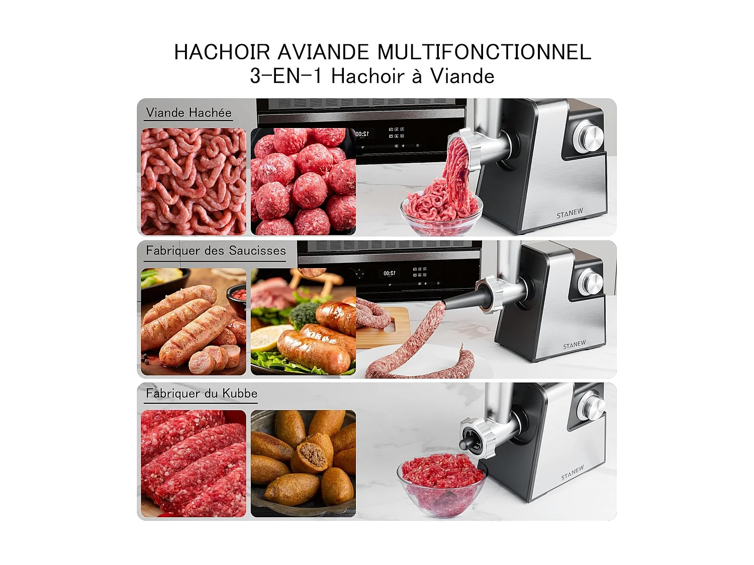 Hachoir à Viande Électrique STANEW 2500W, 2 Vitesses Réglables, 5 Lames/2 Plaques