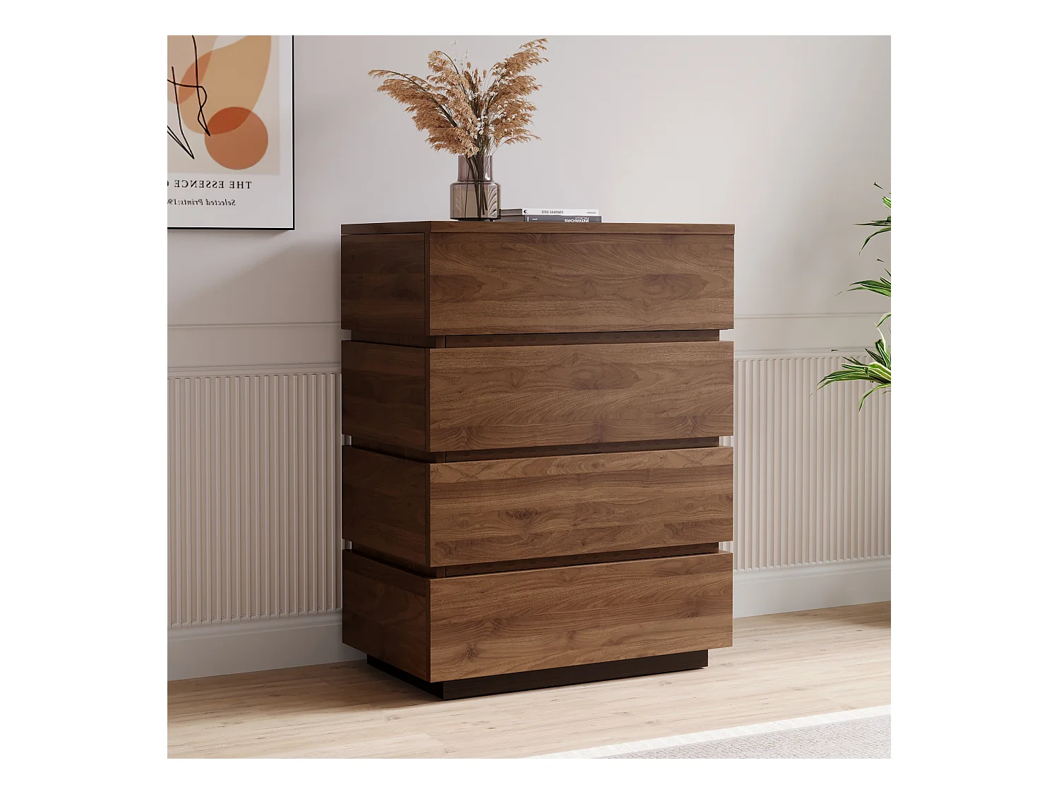 Commode étroite avec 4 tiroirs – Meuble de Rangement Moderne à l’Aspect Bois, Peu encombrant et Haut, idéal pour la Chambre, Le Salon ou Le Couloir, Largeur 40 cm