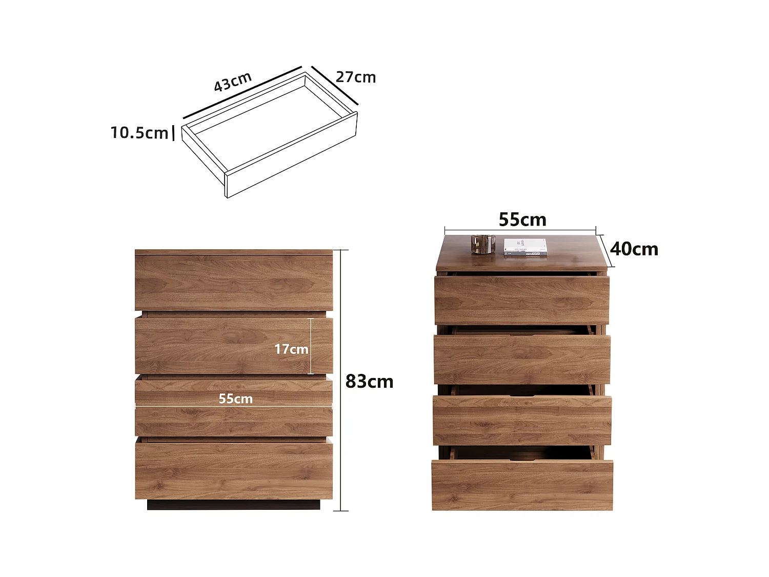 Commode étroite avec 4 tiroirs – Meuble de Rangement Moderne à l’Aspect Bois, Peu encombrant et Haut, idéal pour la Chambre, Le Salon ou Le Couloir, Largeur 40 cm