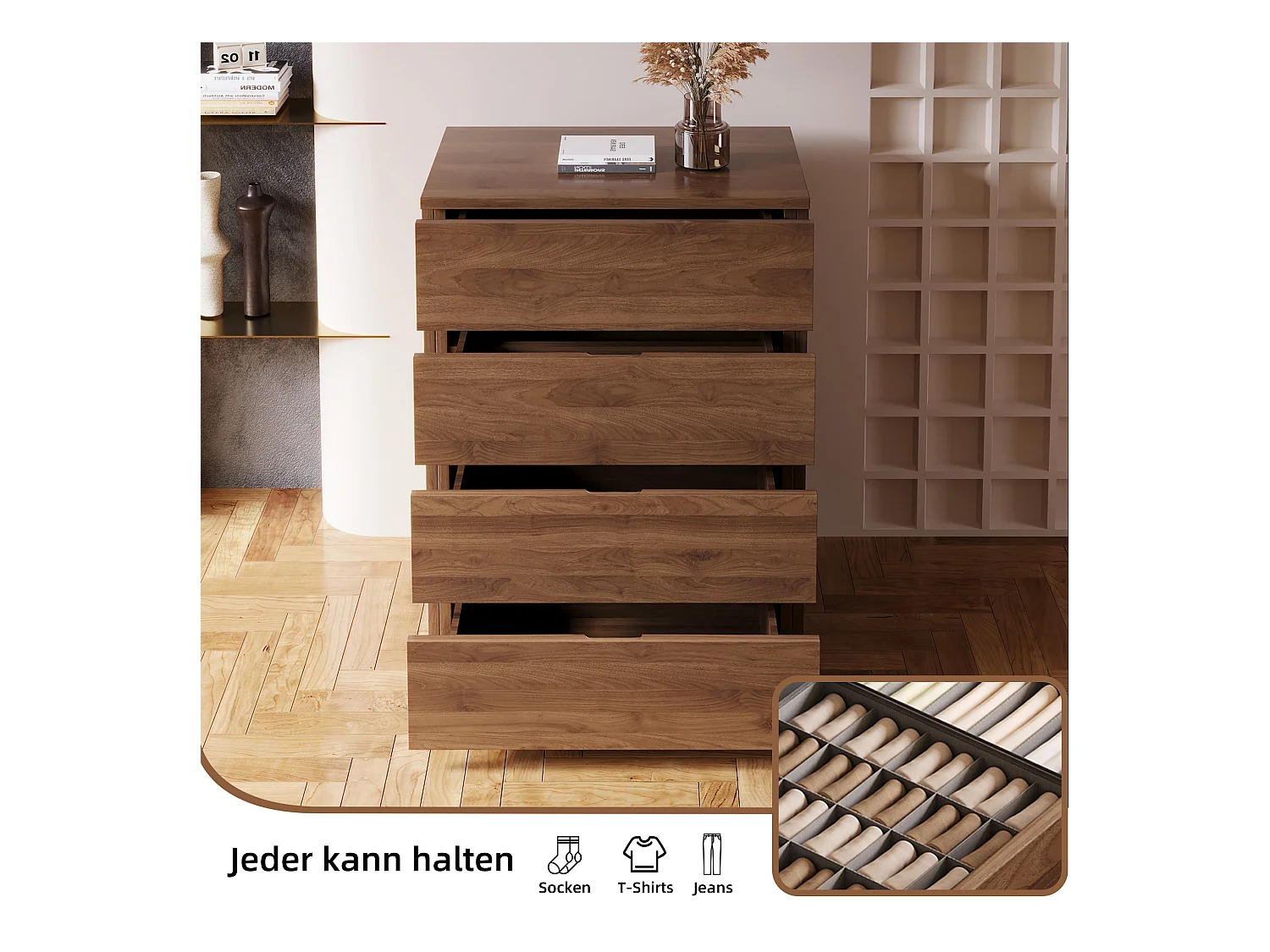 Commode étroite avec 4 tiroirs – Meuble de Rangement Moderne à l’Aspect Bois, Peu encombrant et Haut, idéal pour la Chambre, Le Salon ou Le Couloir, Largeur 40 cm