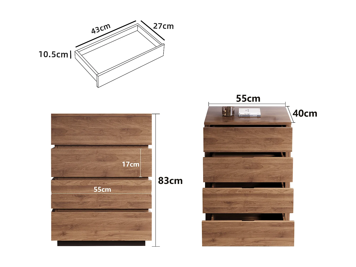 Commode étroite avec 4 tiroirs – Meuble de Rangement Moderne à l’Aspect Bois, Peu encombrant et Haut, idéal pour la Chambre, Le Salon ou Le Couloir, Largeur 40 cm