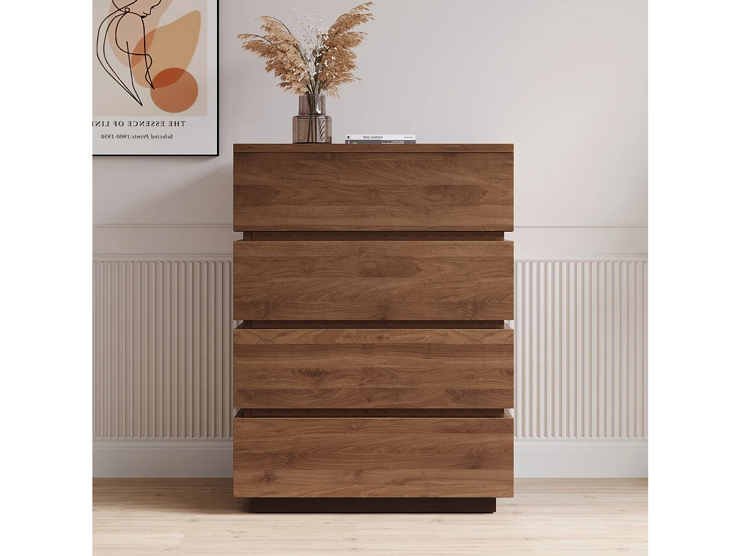 Commode étroite avec 4 tiroirs – Meuble de Rangement Moderne à l’Aspect Bois, Peu encombrant et Haut, idéal pour la Chambre, Le Salon ou Le Couloir, Largeur 40 cm