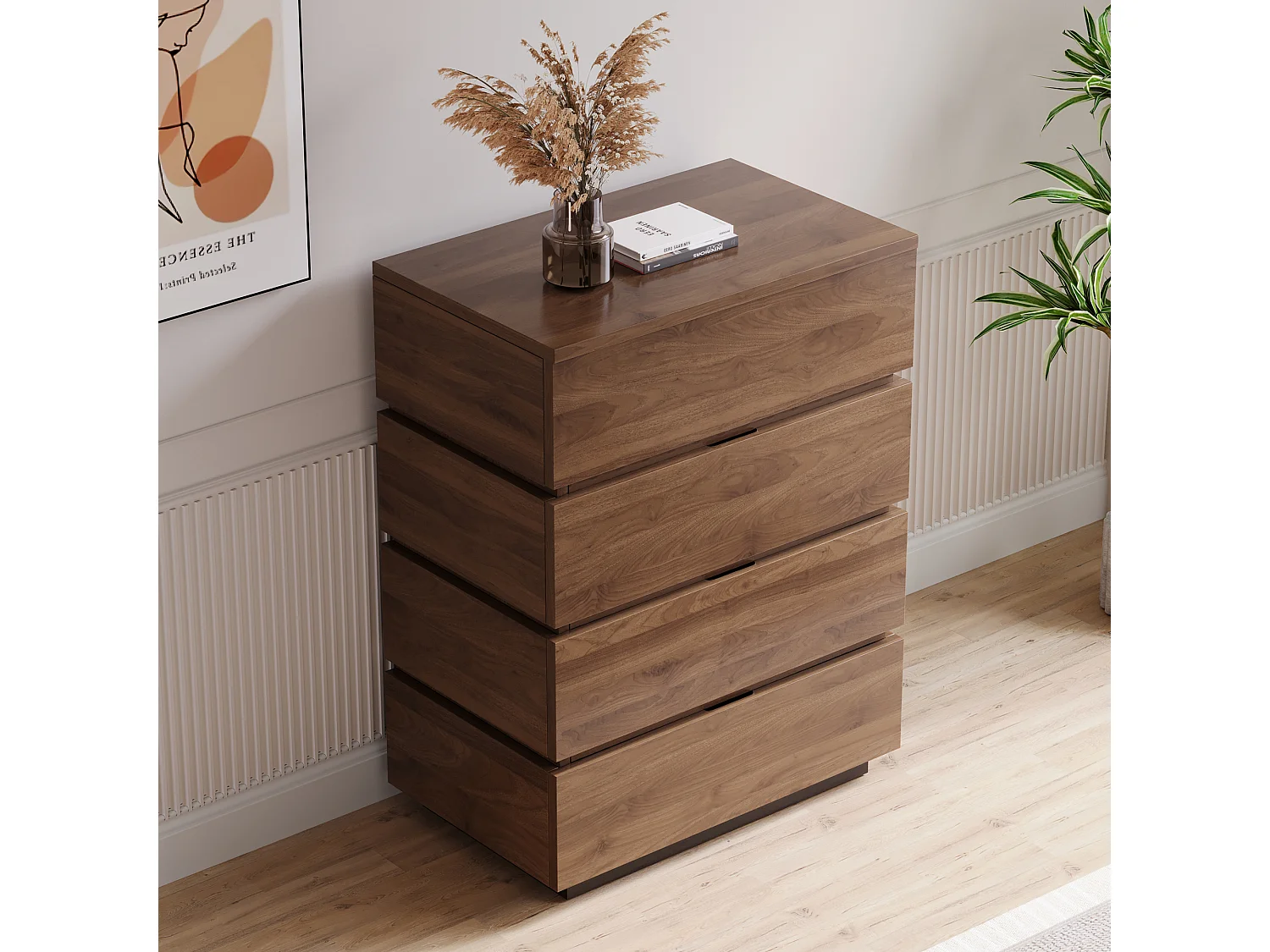 Commode étroite avec 4 tiroirs – Meuble de Rangement Moderne à l’Aspect Bois, Peu encombrant et Haut, idéal pour la Chambre, Le Salon ou Le Couloir, Largeur 40 cm