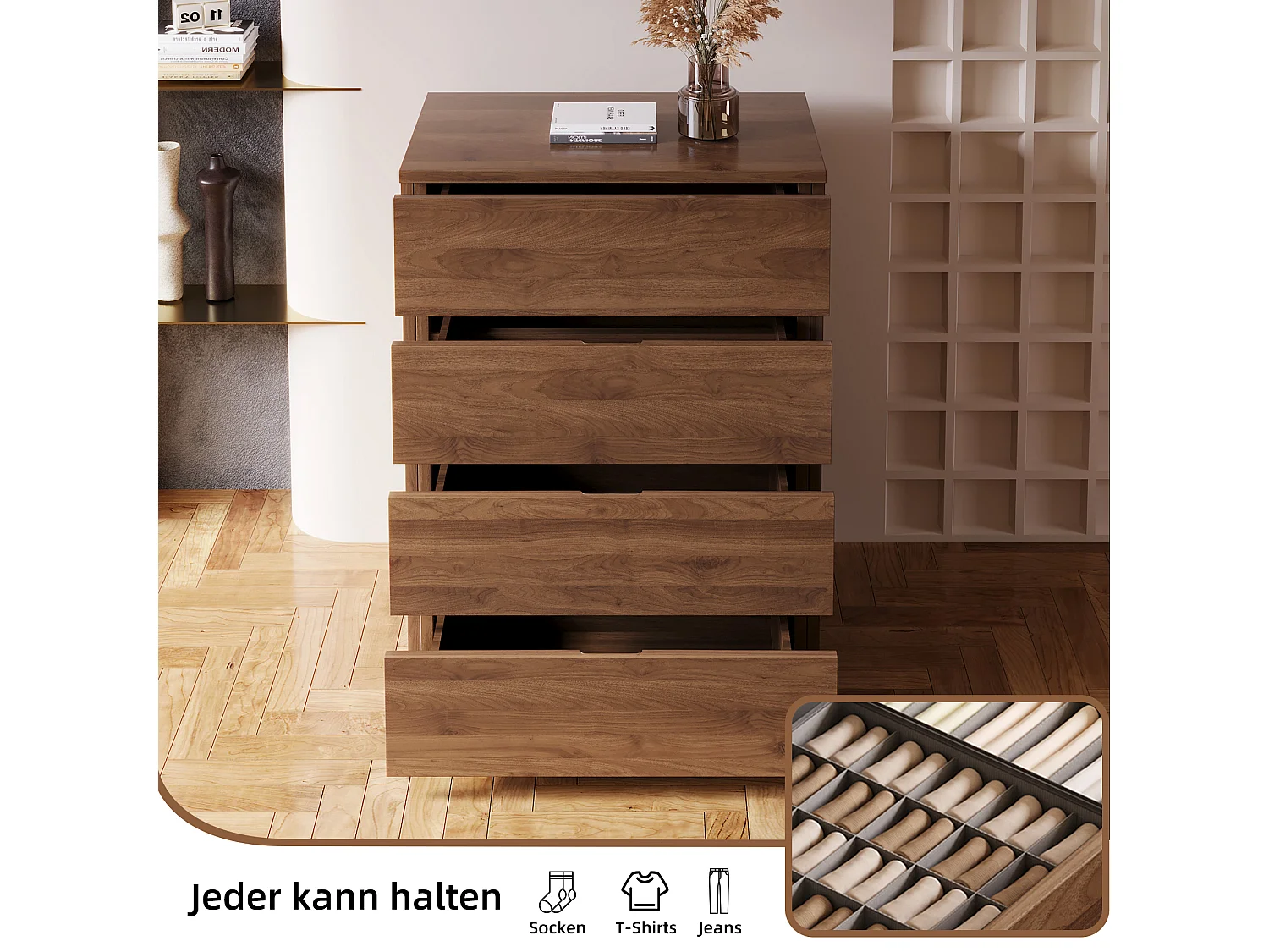 Commode étroite avec 4 tiroirs – Meuble de Rangement Moderne à l’Aspect Bois, Peu encombrant et Haut, idéal pour la Chambre, Le Salon ou Le Couloir, Largeur 40 cm