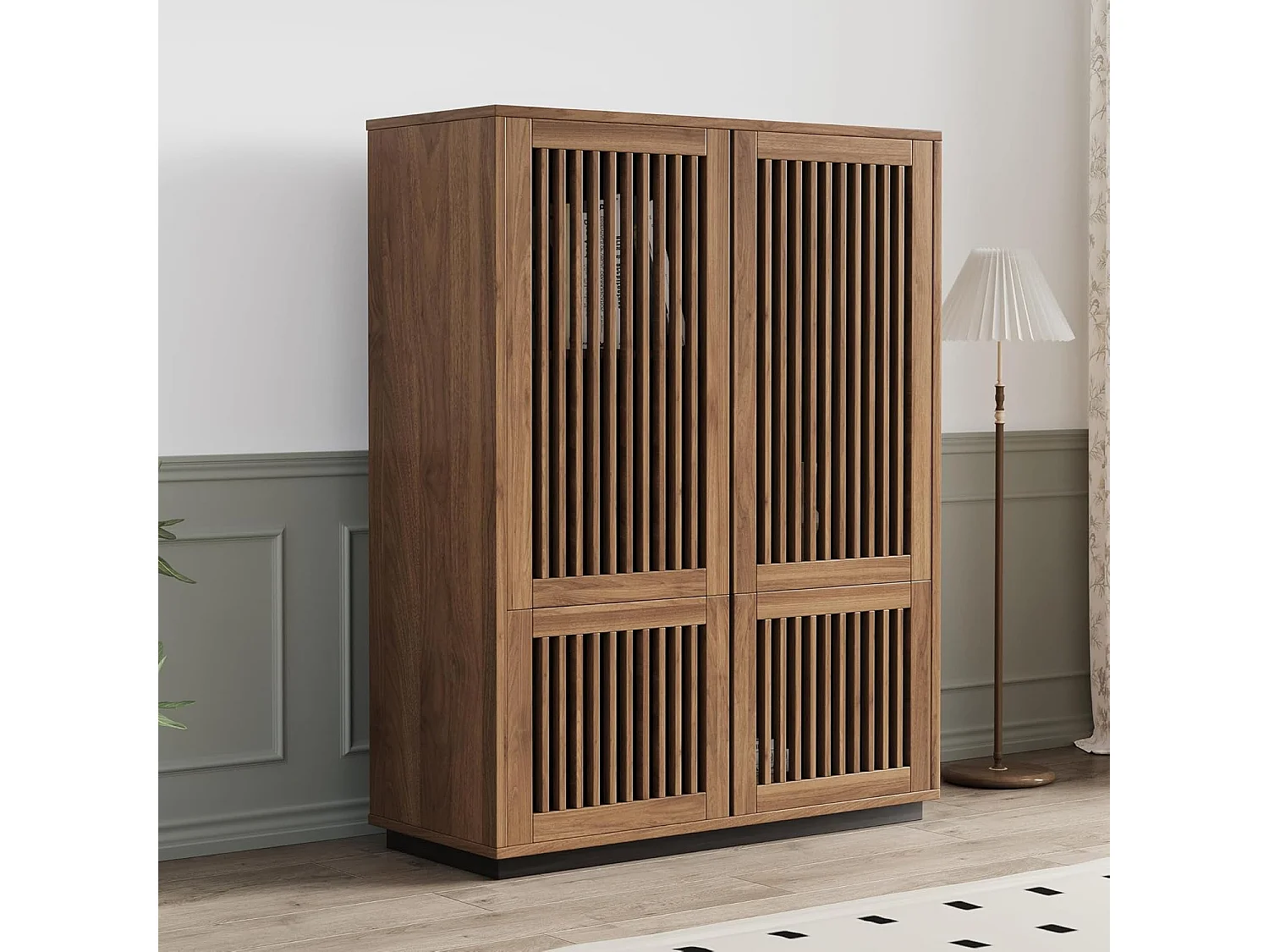 Armoire noyer 120cm 4 portes - Grand rangement multifonction salon/chambre - Style campagne design épuré - Commode bibliothèque avec meuble de rangement intégré