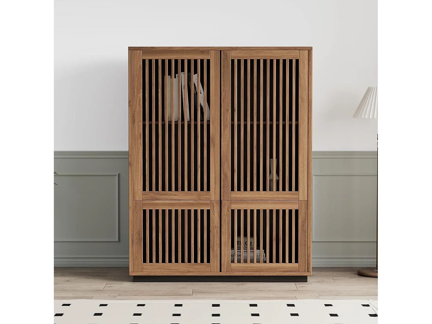 Armoire noyer 120cm 4 portes - Grand rangement multifonction salon/chambre - Style campagne design épuré - Commode bibliothèque avec meuble de rangement intégré