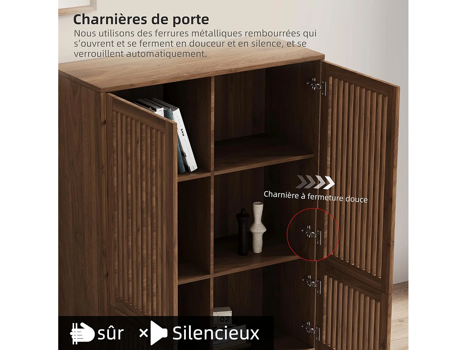 Armoire noyer 120cm 4 portes - Grand rangement multifonction salon/chambre - Style campagne design épuré - Commode bibliothèque avec meuble de rangement intégré