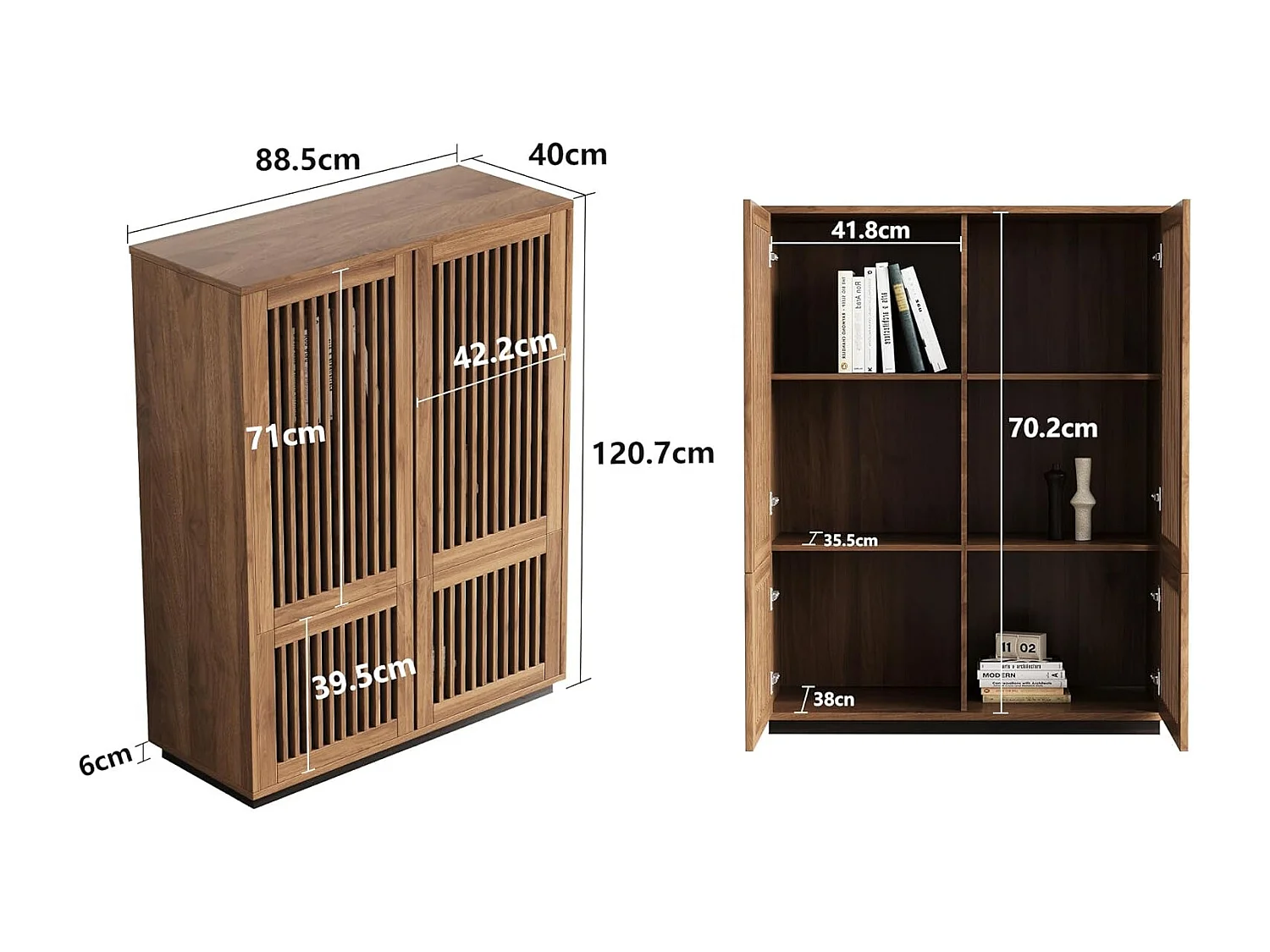 Armoire noyer 120cm 4 portes - Grand rangement multifonction salon/chambre - Style campagne design épuré - Commode bibliothèque avec meuble de rangement intégré