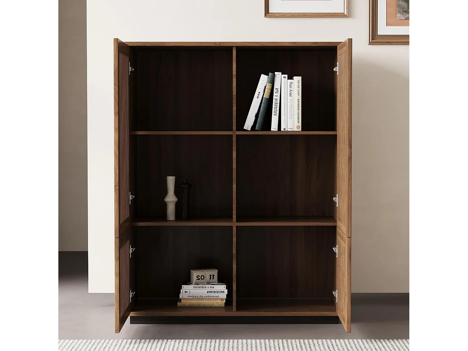 Armoire noyer 120cm 4 portes - Grand rangement multifonction salon/chambre - Style campagne design épuré - Commode bibliothèque avec meuble de rangement intégré