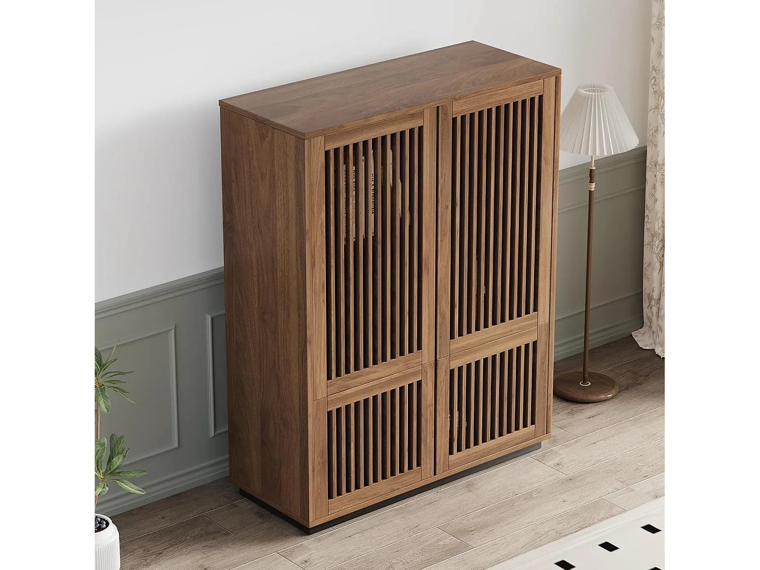 Armoire noyer 120cm 4 portes - Grand rangement multifonction salon/chambre - Style campagne design épuré - Commode bibliothèque avec meuble de rangement intégré