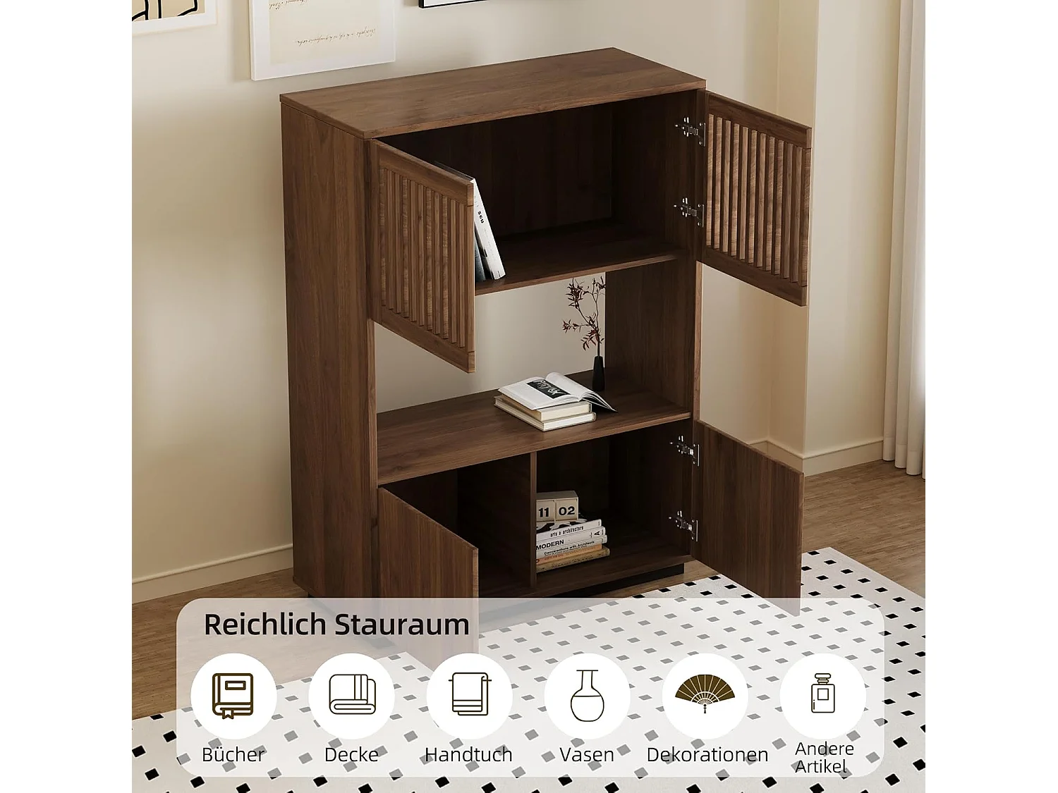 Vintage Nussbaum Kommode 120cm - Stauraum für Wohnen/Schlafen - Landhausstil für kleine Räume - 5 Schubladen