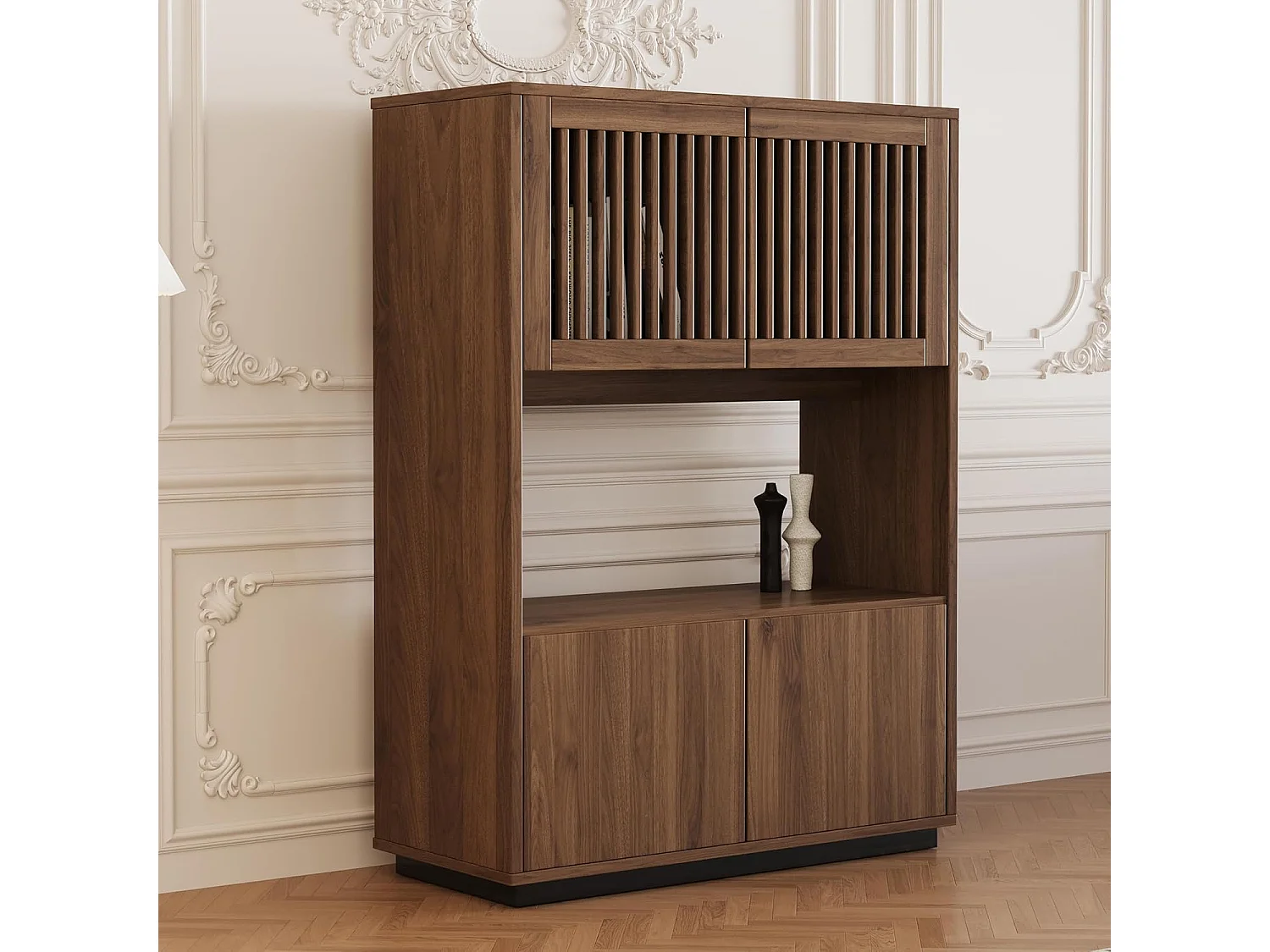 Armoire vintage multifonction noyer 120cm - Grand rangement salon/chambre - Style champêtre pour petits espaces - Commode bois 5 tiroirs pratique