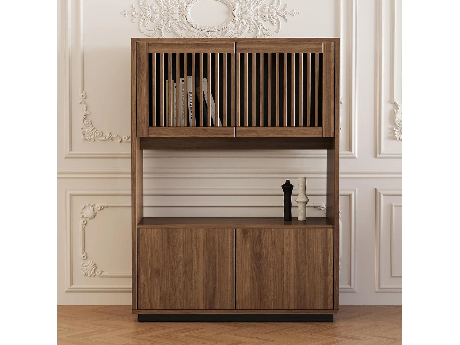 Armoire vintage multifonction noyer 120cm - Grand rangement salon/chambre - Style champêtre pour petits espaces - Commode bois 5 tiroirs pratique