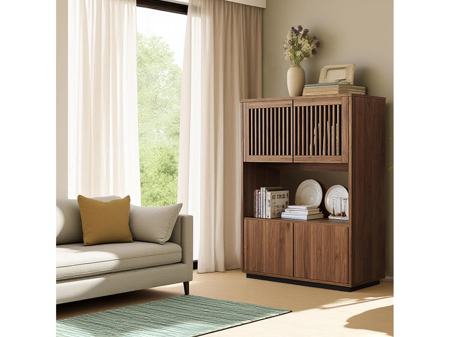 Armoire vintage multifonction noyer 120cm - Grand rangement salon/chambre - Style champêtre pour petits espaces - Commode bois 5 tiroirs pratique