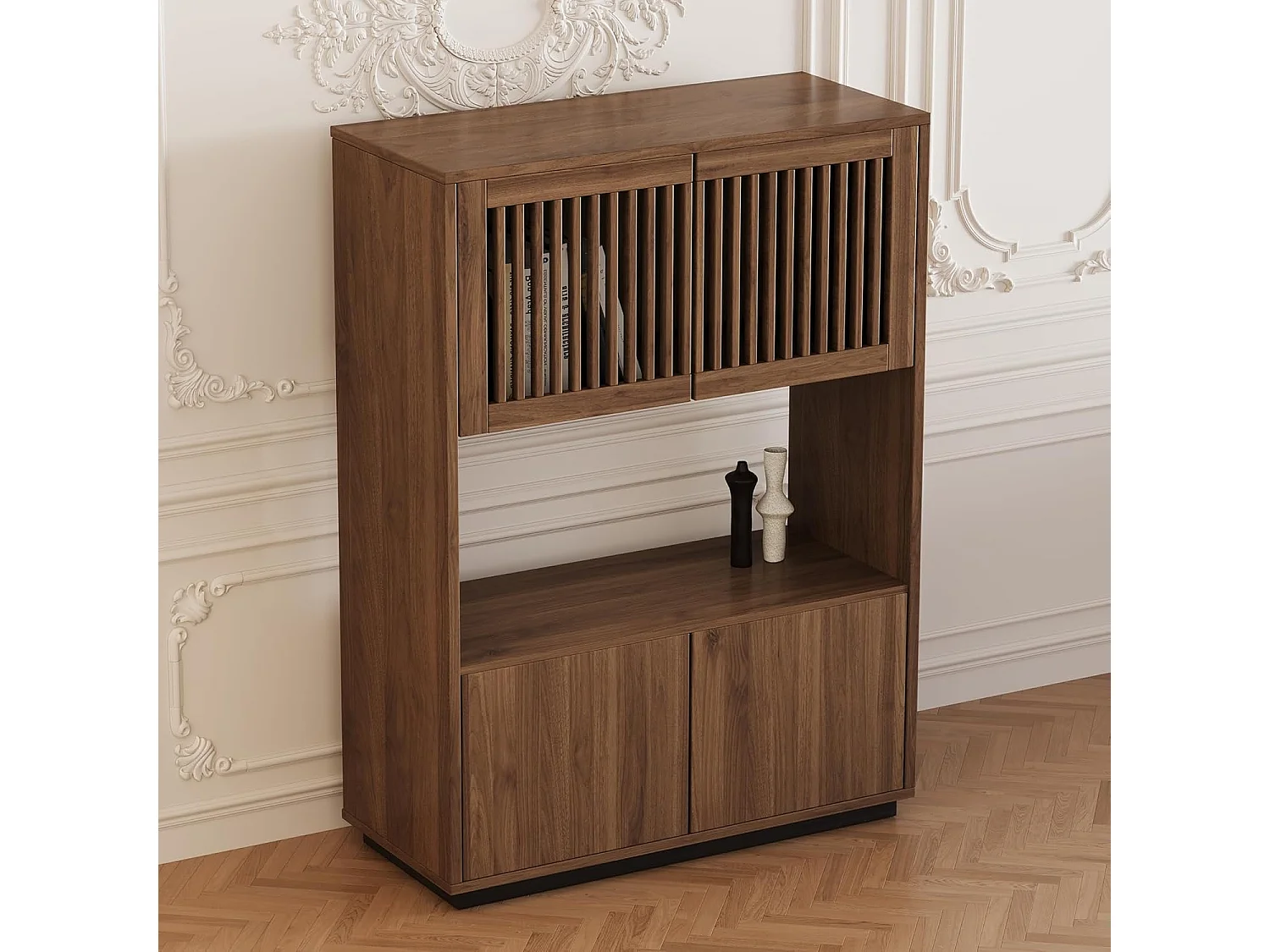 Armoire vintage multifonction noyer 120cm - Grand rangement salon/chambre - Style champêtre pour petits espaces - Commode bois 5 tiroirs pratique