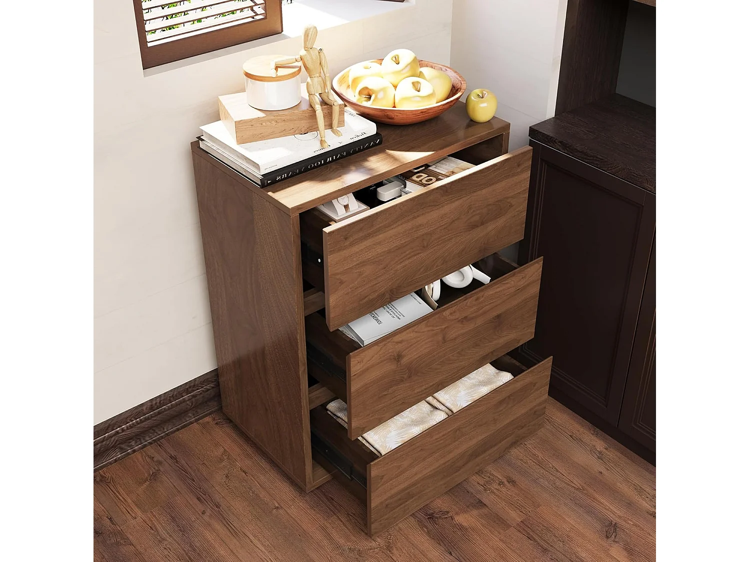 Commode étroite avec 3 tiroirs – Meuble de Rangement Moderne à l’Aspect Bois, Peu encombrant et Haut, idéal pour la Chambre, Le Salon ou Le Couloir, Largeur 40 cm