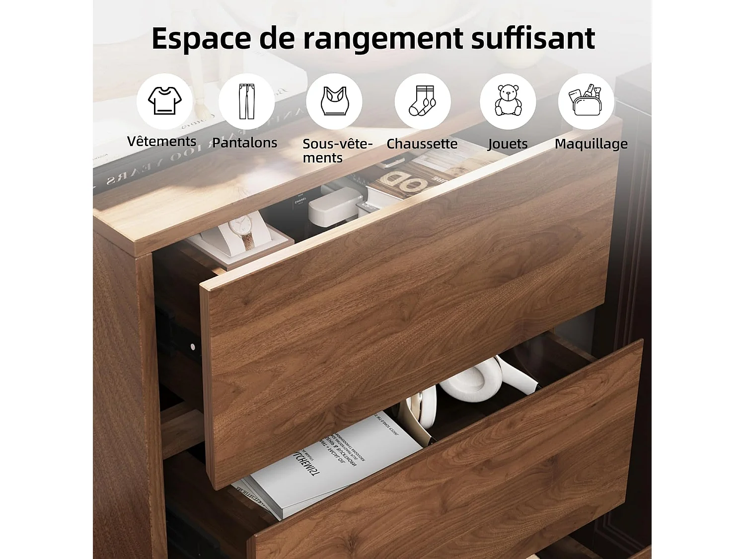 Commode étroite avec 3 tiroirs – Meuble de Rangement Moderne à l’Aspect Bois, Peu encombrant et Haut, idéal pour la Chambre, Le Salon ou Le Couloir, Largeur 40 cm