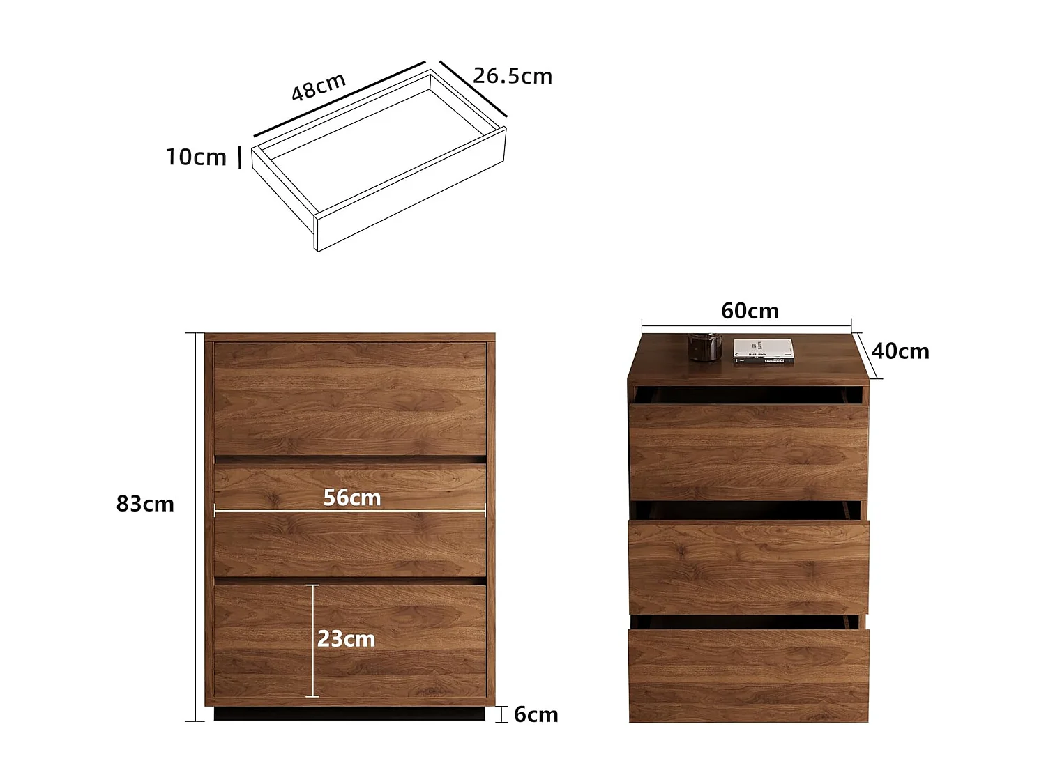 Schmale Kommode 40cm 3 Schubladen - Moderner Schrank für Schlafz, Wohnz, Flur