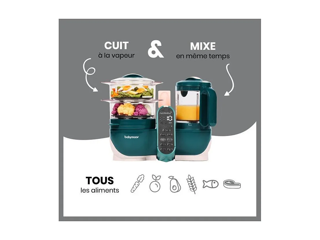 Babymoov Nutribaby+ - Robot Multifonctions 6 en 1 - Cuiseur-vapeur/Mixeur, Opal Green