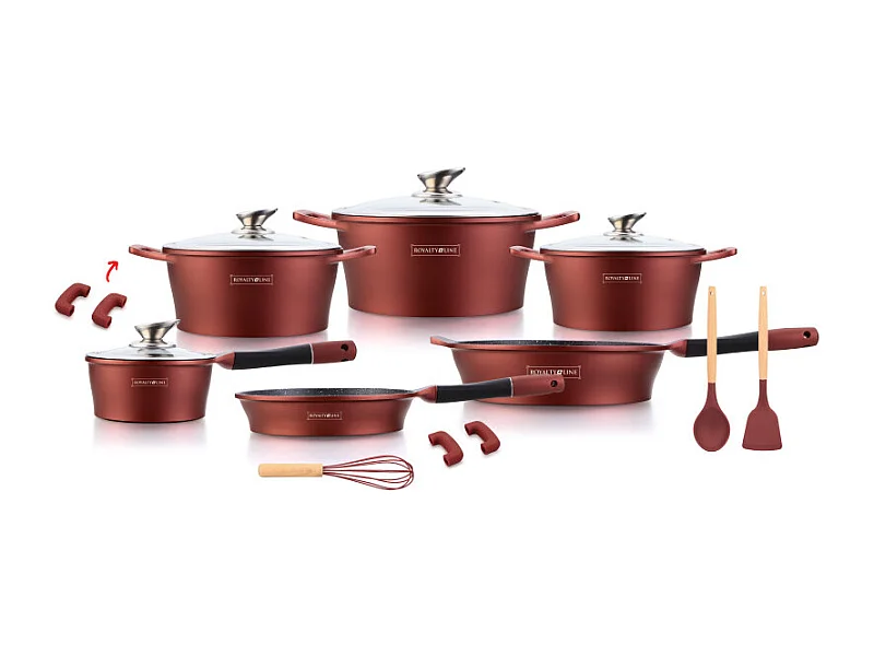 Batterie de cuisson complète effet marbre - 17 pièces - Tous feux - Rouge bordeaux