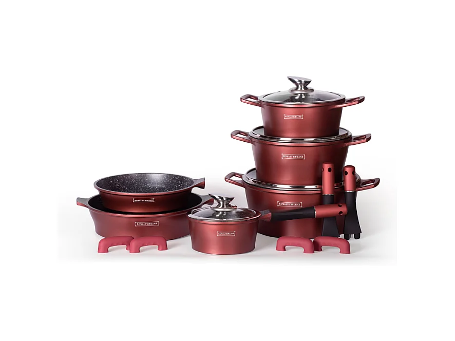 Batterie de cuisson complète effet marbre - 17 pièces - Tous feux - Rouge bordeaux