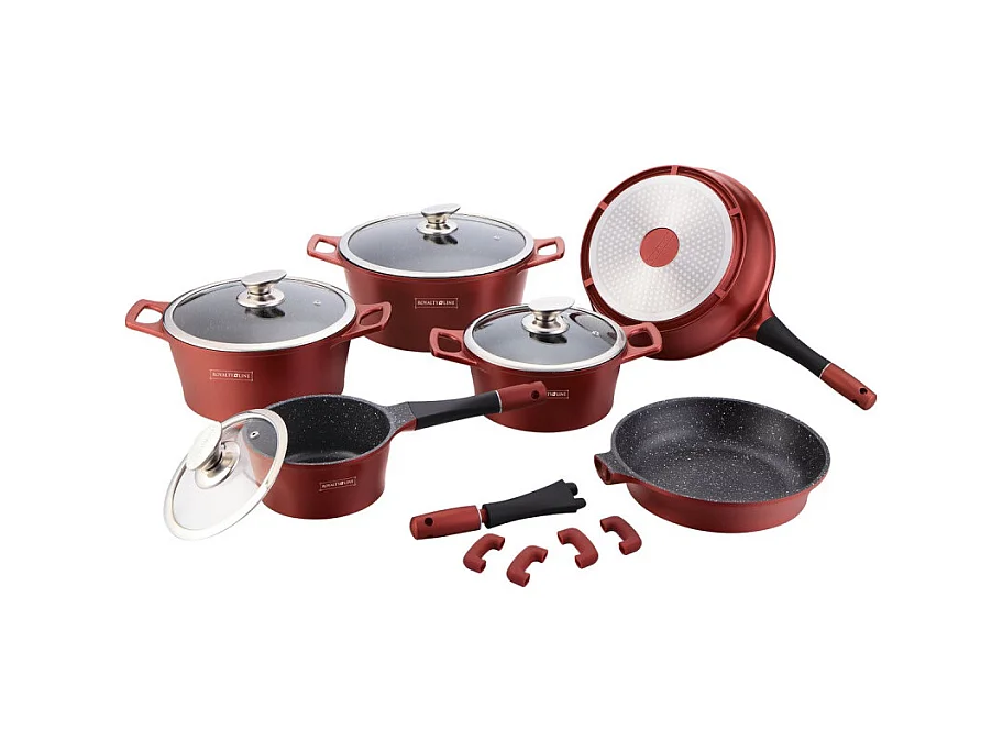 Batterie de cuisson complète effet marbre - 17 pièces - Tous feux - Rouge bordeaux