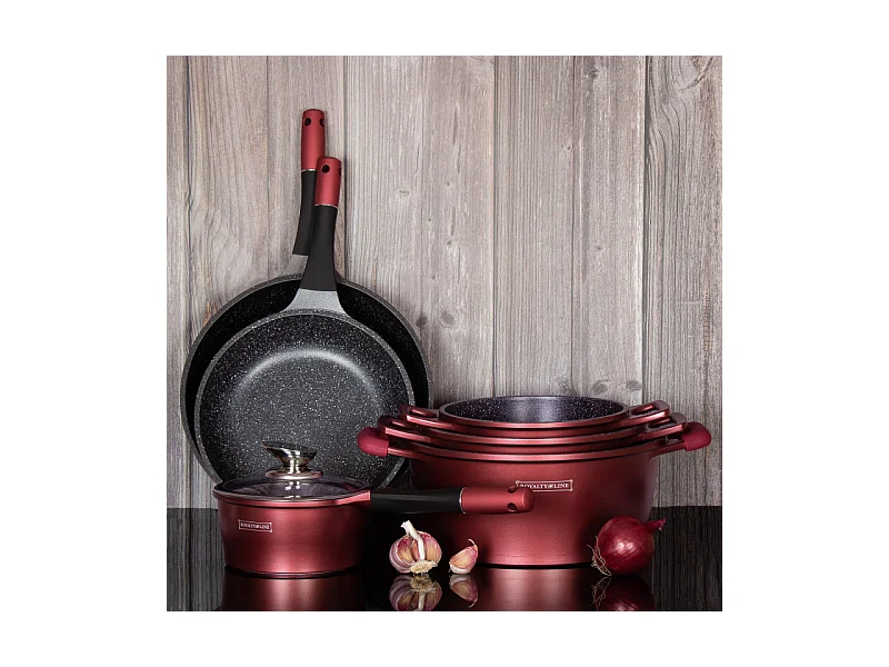 Batterie de cuisson complète effet marbre - 17 pièces - Tous feux - Rouge bordeaux