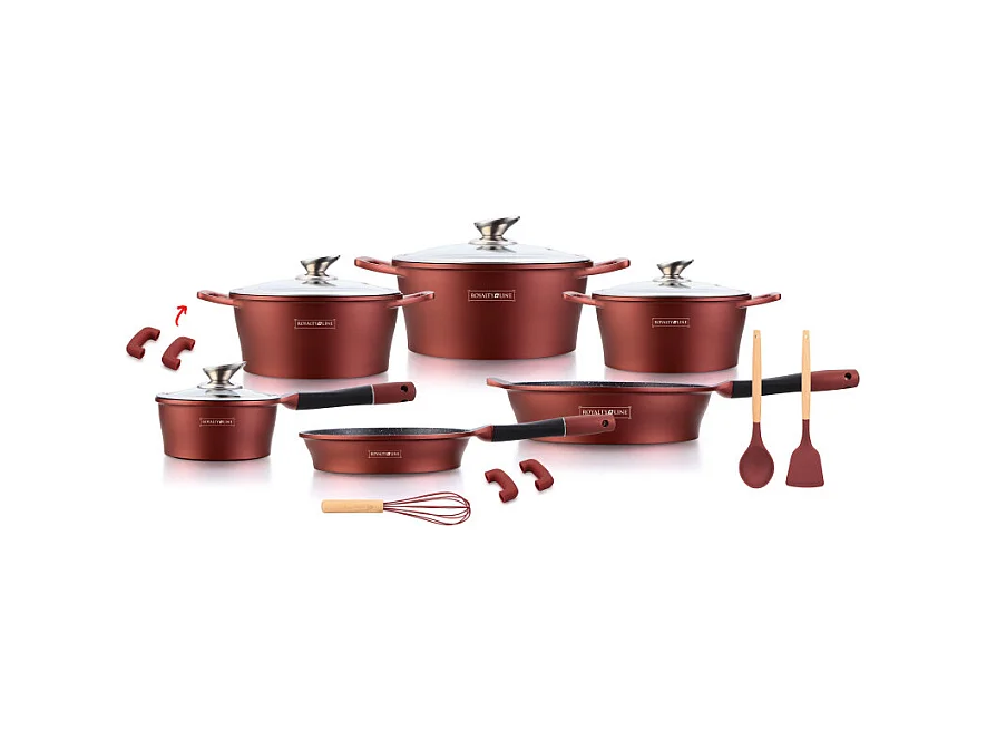 Batterie de cuisson complète effet marbre - 17 pièces - Tous feux - Rouge bordeaux