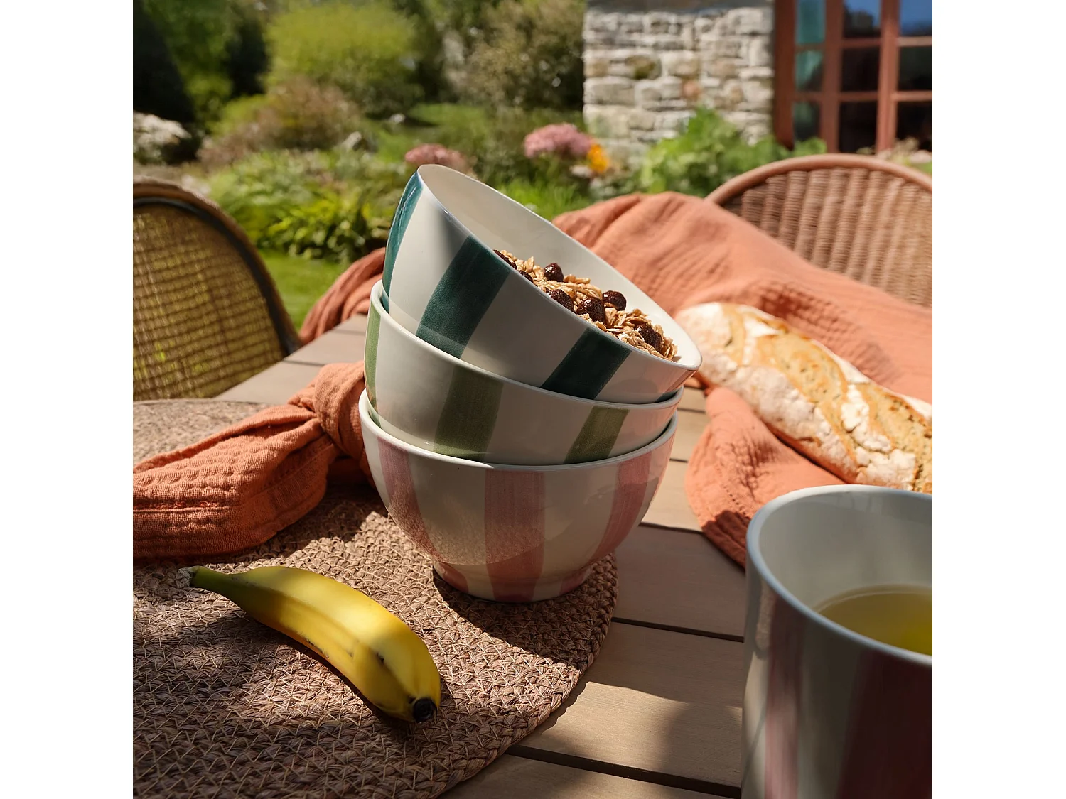 Novastyl - Lot 6 Bols Arlequin 70cl En Gres Blanc Rayures Couleurs Assorties