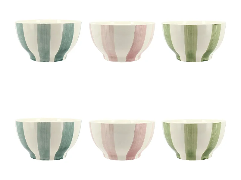 Novastyl - Lot 6 Bols Arlequin 70cl En Gres Blanc Rayures Couleurs Assorties