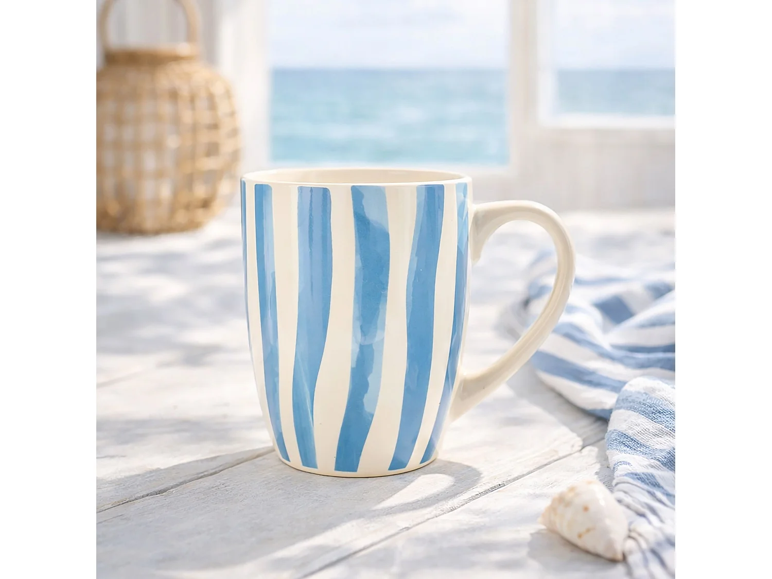 Novastyl - Lot 6 Mugs Corfu 38cl En Grès Blanc Avec Des Rayures Bleues