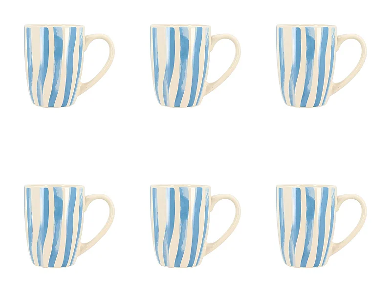 Novastyl - Lot 6 Mugs Corfu 38cl En Gres Blanc Avec Des Rayures Bleues