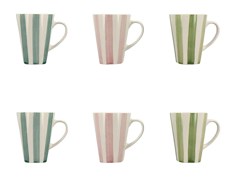 Novastyl - Lot 6 Mugs Arlequin 36cl En Gres Blanc Rayures Couleurs Assorties
