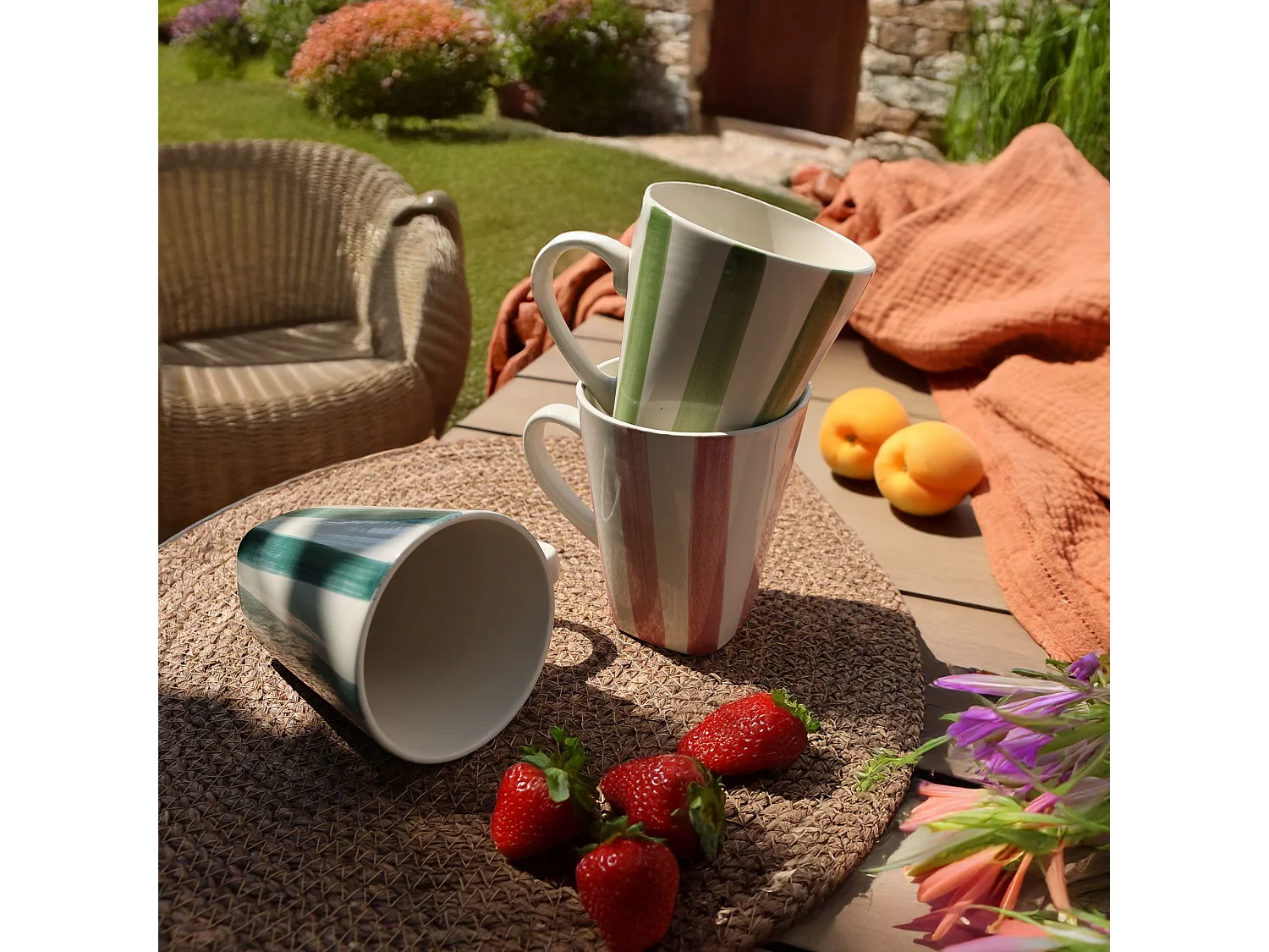 Novastyl - Lot 6 Mugs Arlequin 36cl En Grès Blanc Rayures Couleurs Assorties